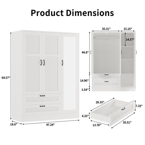 5-in-1 Armoire Wardrobe Closet with Full Length Acrylic Mirror & 2 Drawers, White - Vektaya