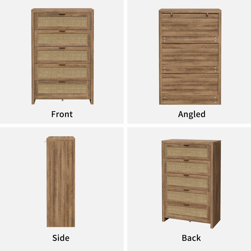 48'' Tall Dresser for Bedroom, Rattan Dresser with 5 Drawers, Boho Chest of Drawers- Vektaya