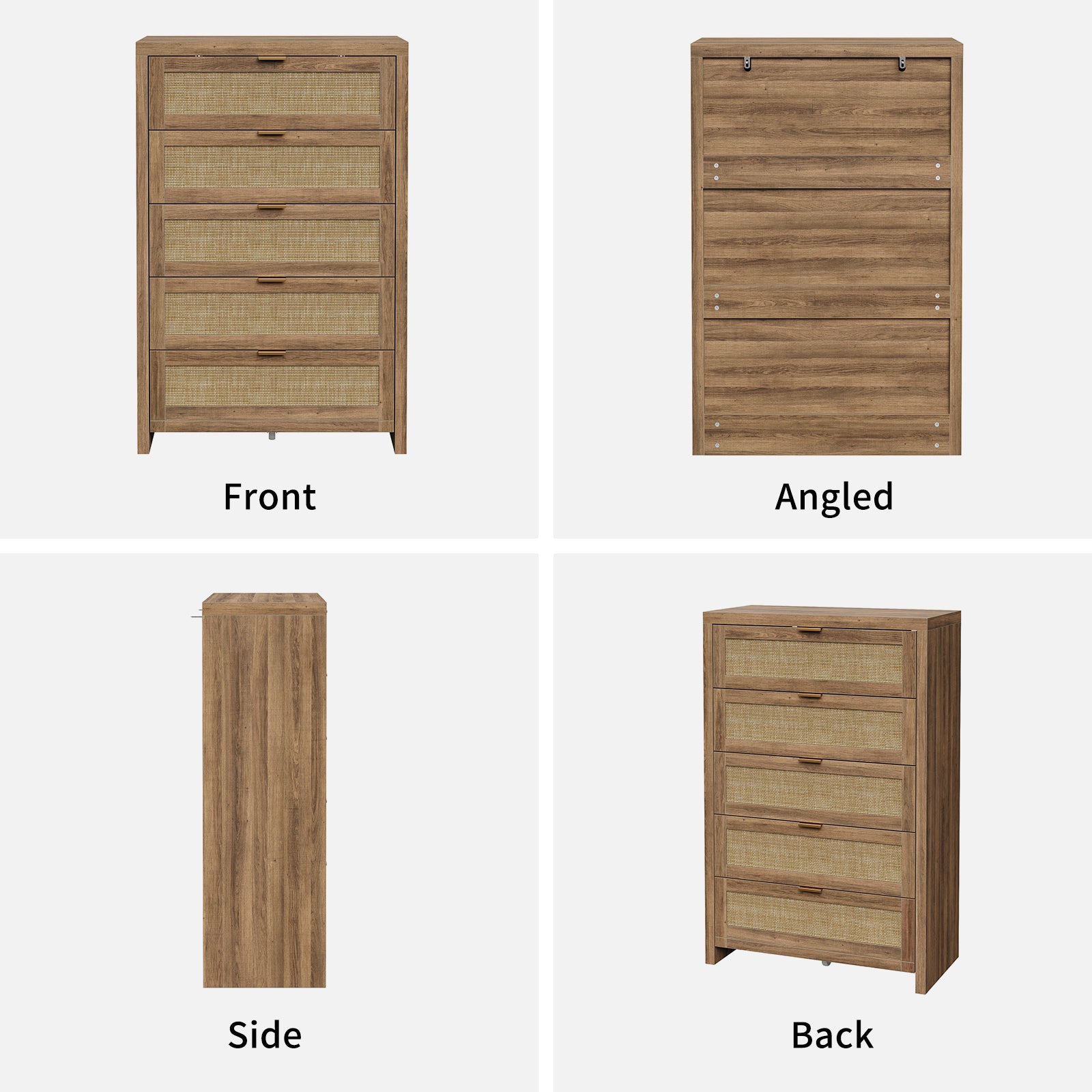 48'' Tall Dresser for Bedroom, Rattan Dresser with 5 Drawers, Boho Chest of Drawers- Vektaya