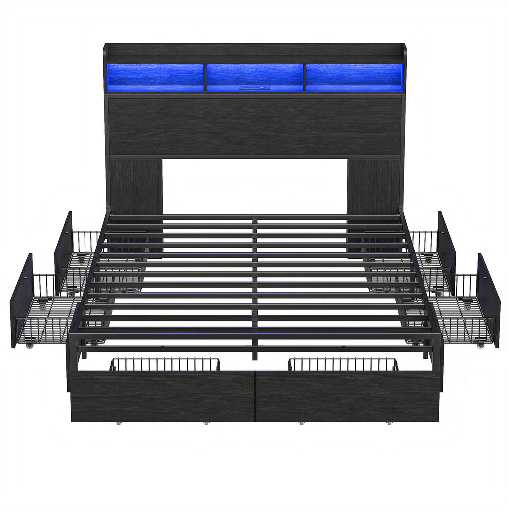 Yanosaku US-BF010-BK Full/Queen Bed Frame with 6 Storage Drawers,a Bookcase Headboard. LED Lights, a Charging Station,No Box Spring Needed,Black