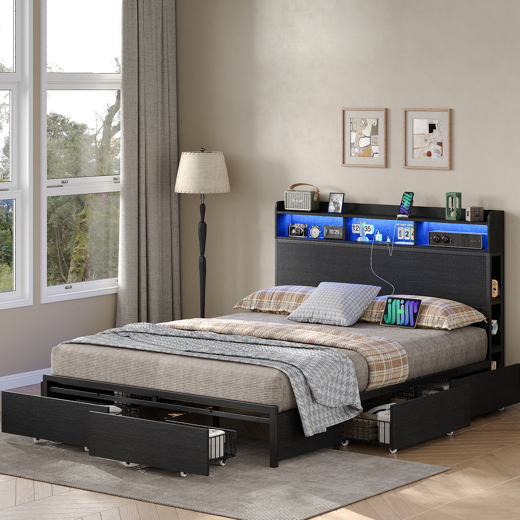 Yanosaku US-BF010-BK Full/Queen Bed Frame with 6 Storage Drawers,a Bookcase Headboard. LED Lights, a Charging Station,No Box Spring Needed,Black