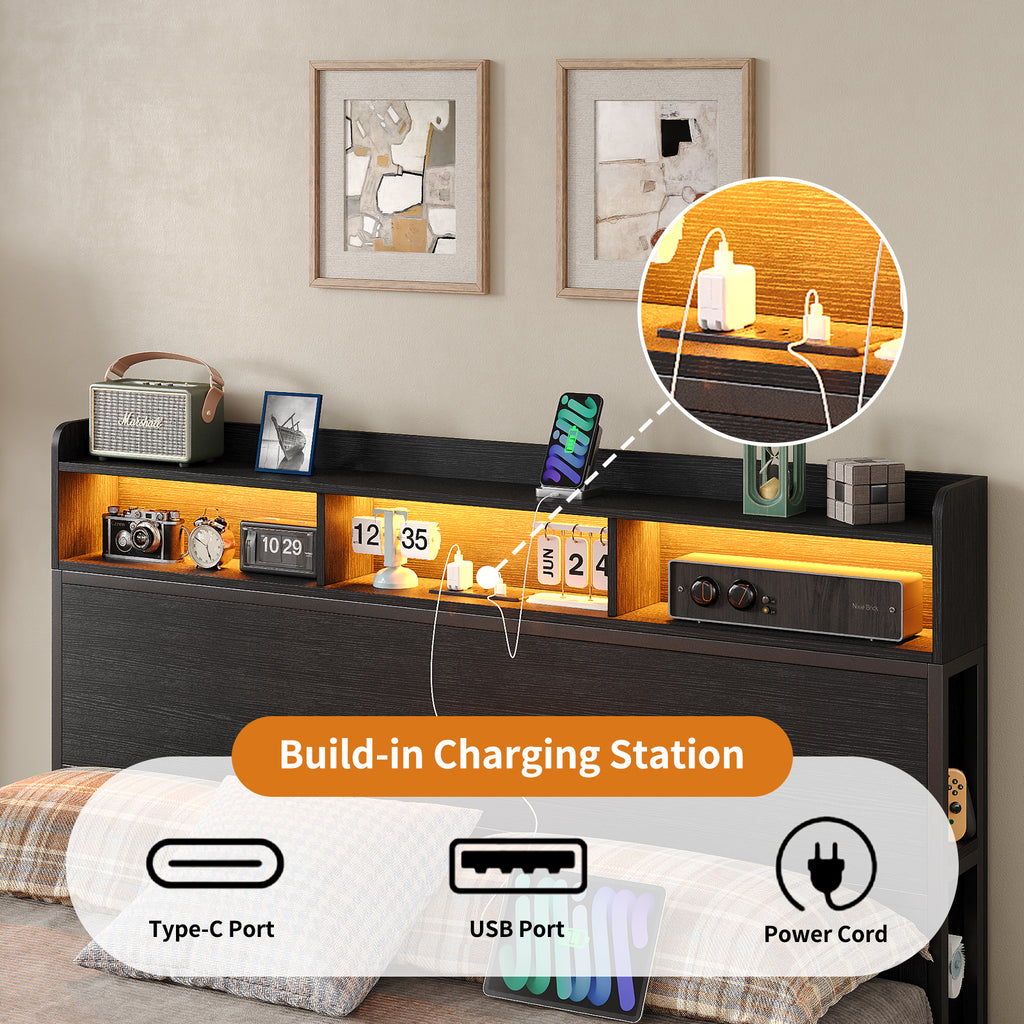 Yanosaku US-BF010-BK Full/Queen Bed Frame with 6 Storage Drawers,a Bookcase Headboard. LED Lights, a Charging Station,No Box Spring Needed,Black