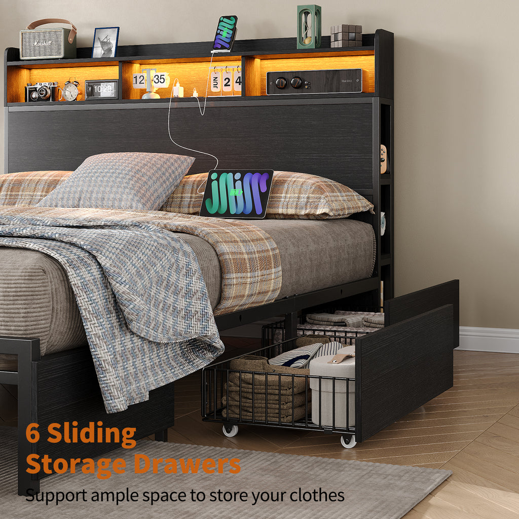 Yanosaku US-BF010-BK Full/Queen Bed Frame with 6 Storage Drawers,a Bookcase Headboard. LED Lights, a Charging Station,No Box Spring Needed,Black