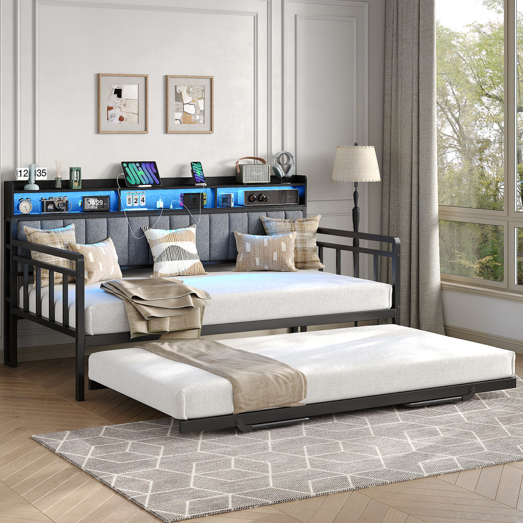 Yanosaku US-BF014 Bed Frame with RGB lights, Charging Station,Storage Headboard.,No Box Spring Needed.Black