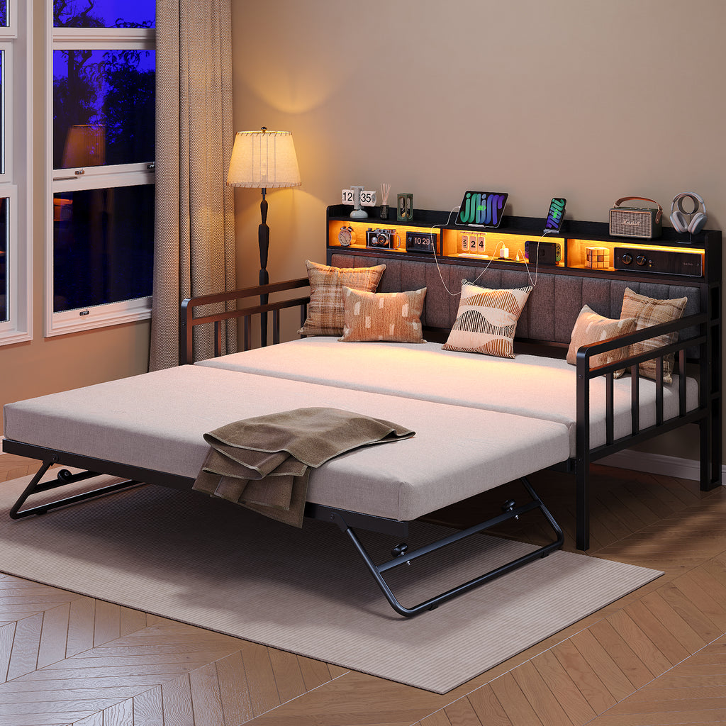 Yanosaku US-BF014 Bed Frame with RGB lights, Charging Station,Storage Headboard.,No Box Spring Needed.Black
