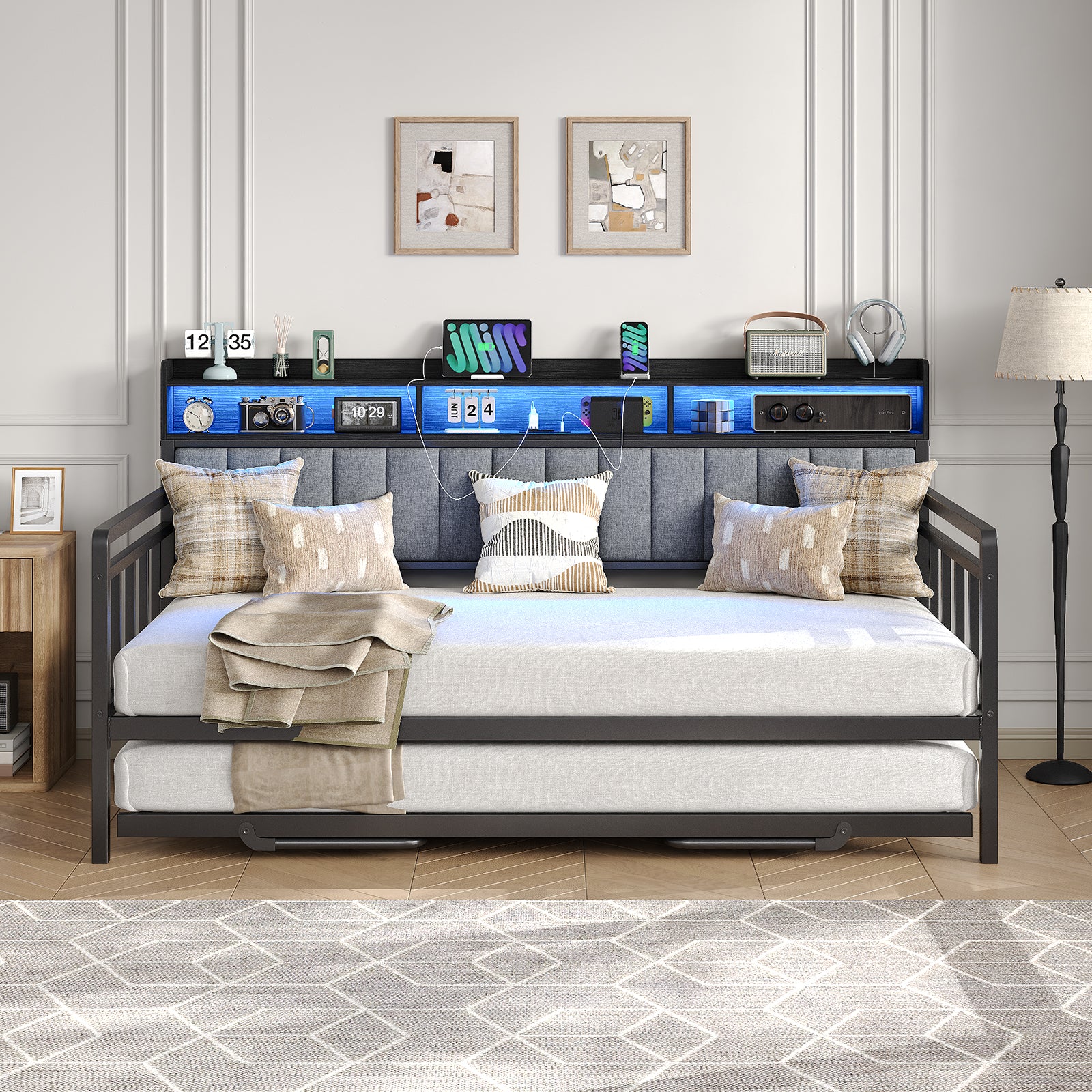 Yanosaku US-BF014 Bed Frame with RGB lights, Charging Station,Storage Headboard.,No Box Spring Needed.Black