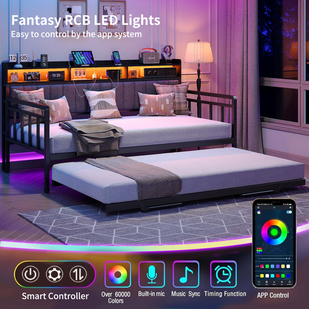 Yanosaku US-BF014 Bed Frame with RGB lights, Charging Station,Storage Headboard.,No Box Spring Needed.Black