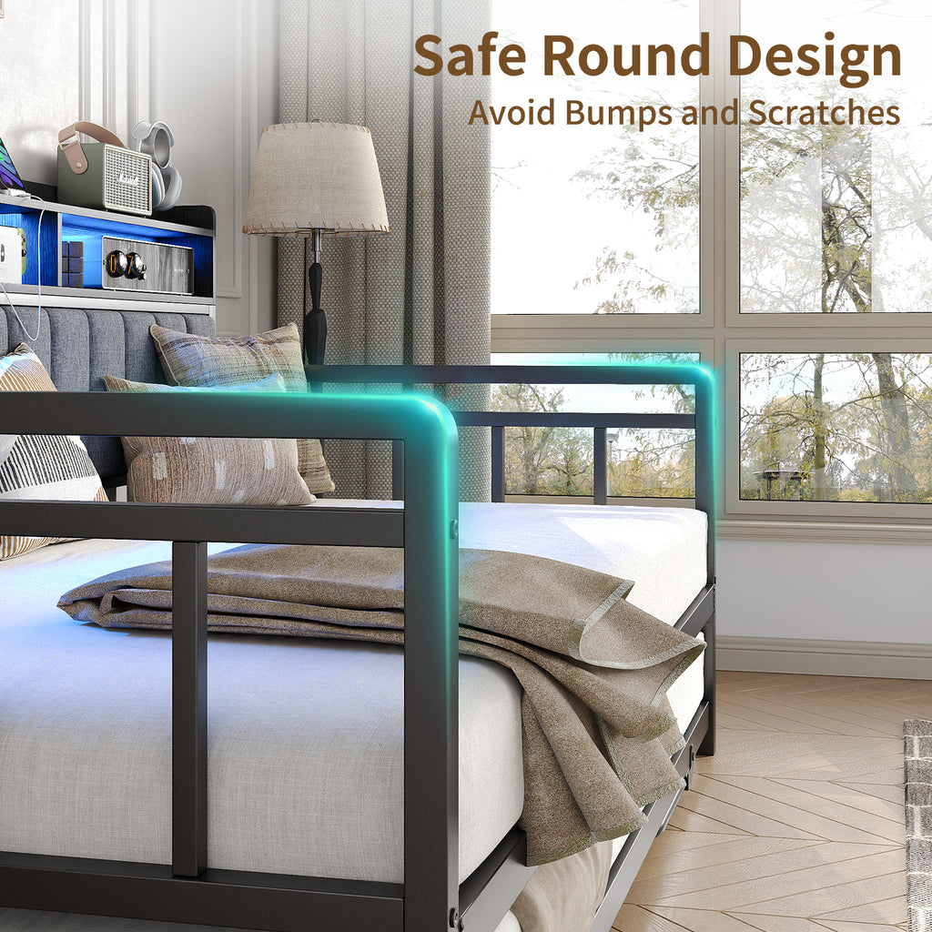 Yanosaku US-BF014 Bed Frame with RGB lights, Charging Station,Storage Headboard.,No Box Spring Needed.Black