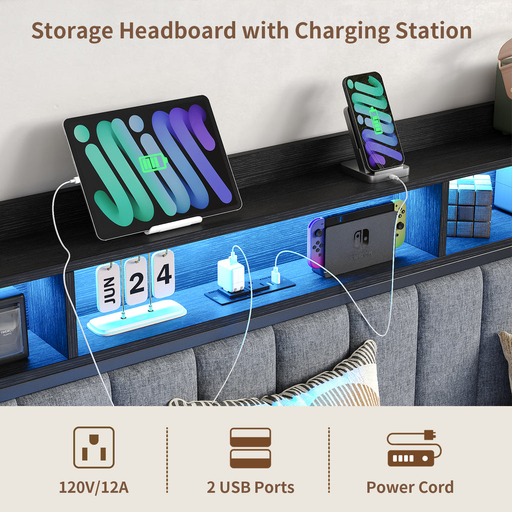 Yanosaku US-BF014 Bed Frame with RGB lights, Charging Station,Storage Headboard.,No Box Spring Needed.Black