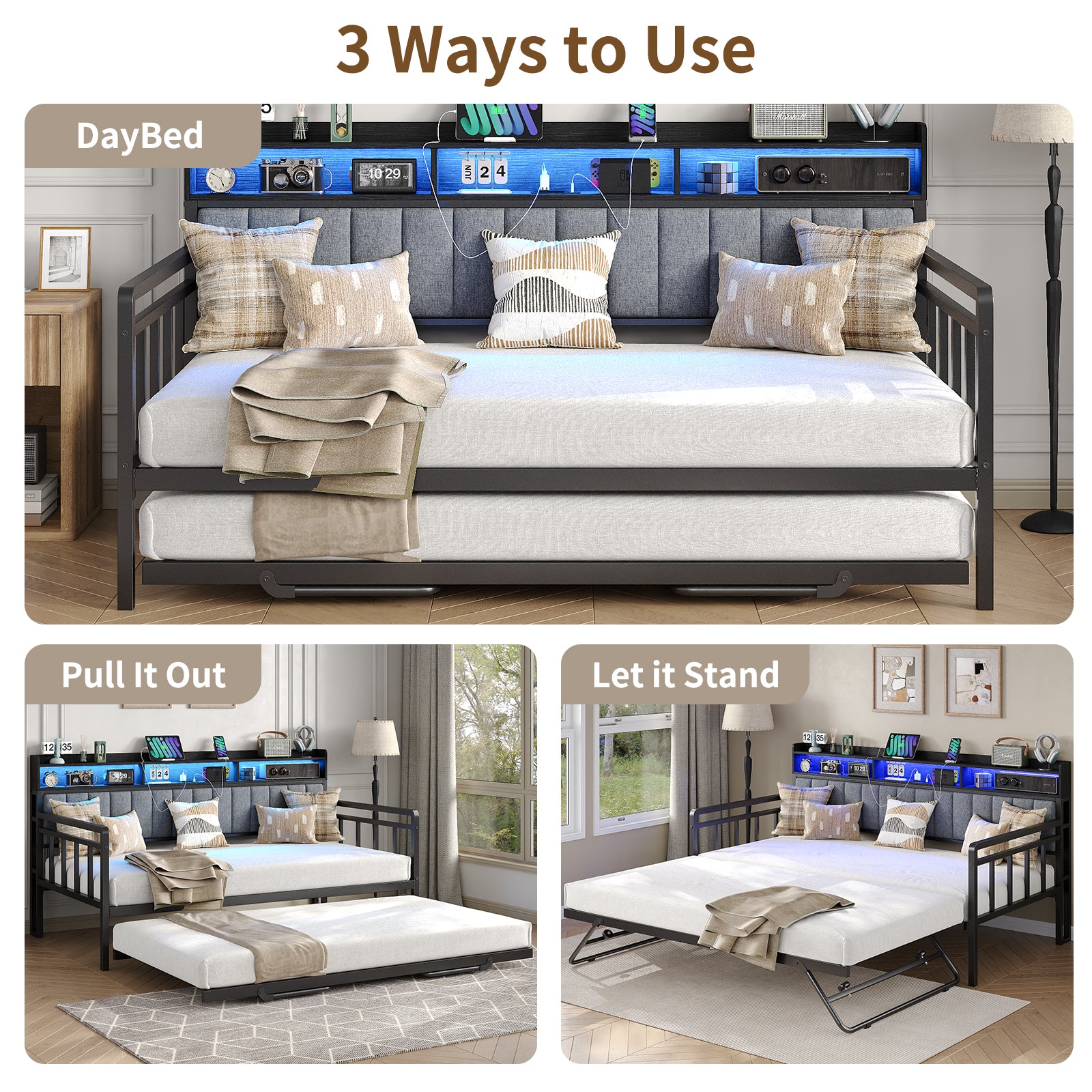 Yanosaku US-BF014 Bed Frame with RGB lights, Charging Station,Storage Headboard.,No Box Spring Needed.Black