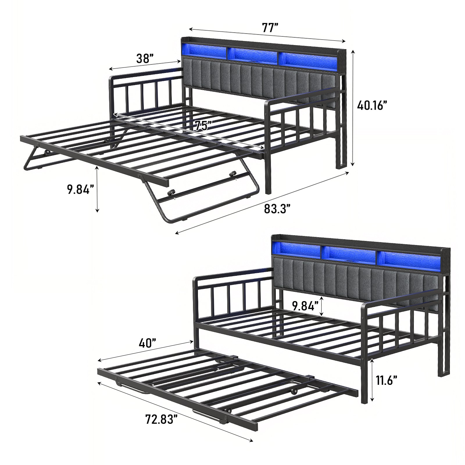 Yanosaku US-BF014 Bed Frame with RGB lights, Charging Station,Storage Headboard.,No Box Spring Needed.Black
