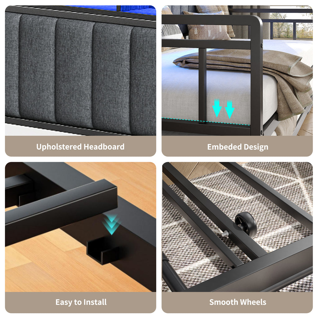 Yanosaku US-BF014 Bed Frame with RGB lights, Charging Station,Storage Headboard.,No Box Spring Needed.Black