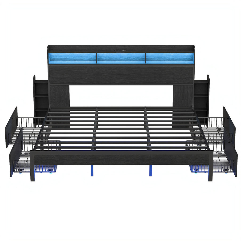 Yanosaku US-BF015 Full/Queen/King Bed Frame with 2 Hidden Nightstands, 4 Drawers, RGB Lights & USB Charging, No Box Spring,Black.