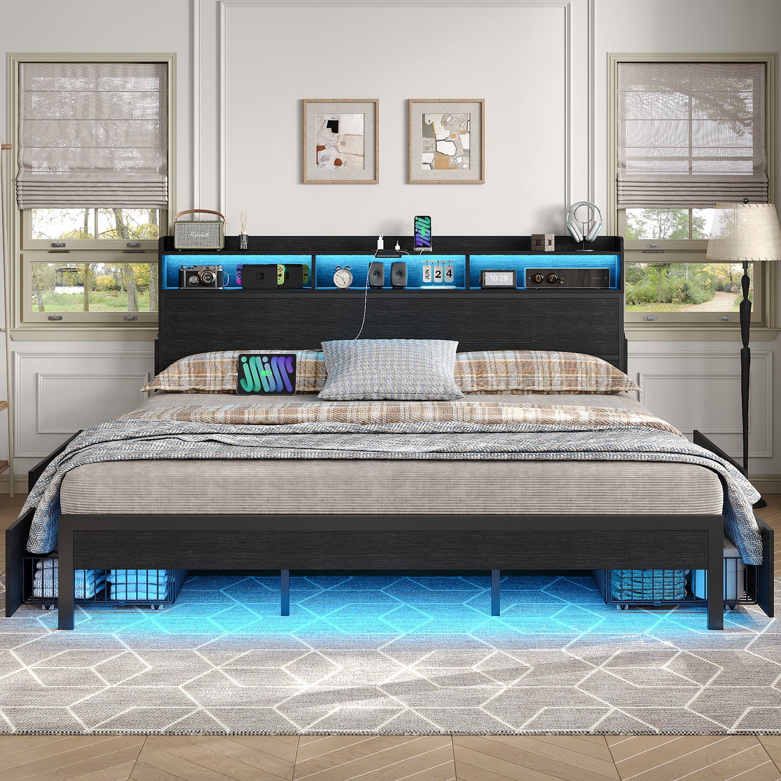 Yanosaku US-BF015 Full/Queen/King Bed Frame with 2 Hidden Nightstands, 4 Drawers, RGB Lights & USB Charging, No Box Spring,Black.