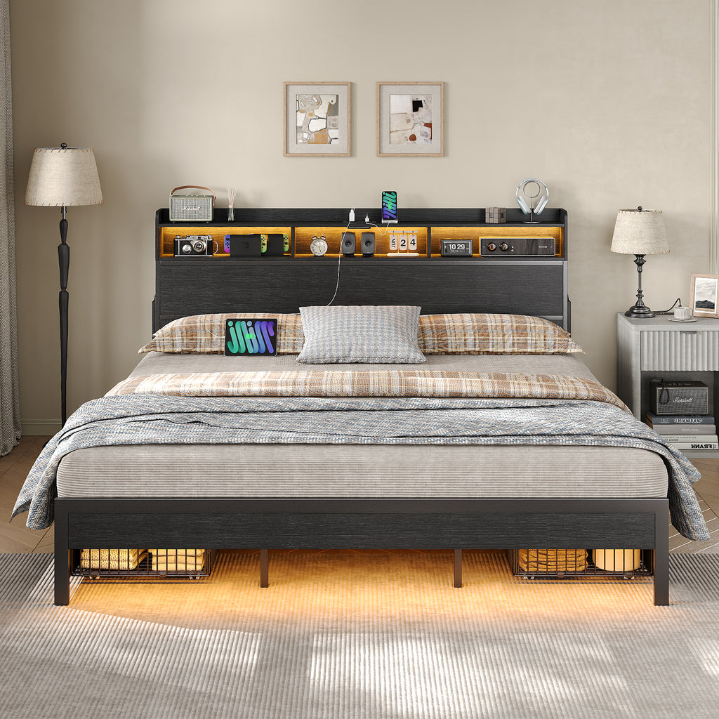 Yanosaku US-BF015 Full/Queen/King Bed Frame with 2 Hidden Nightstands, 4 Drawers, RGB Lights & USB Charging, No Box Spring,Black.