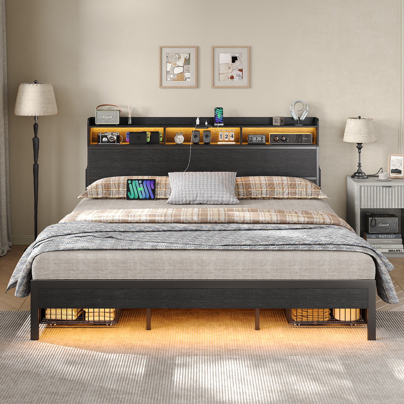 Yanosaku US-BF015 Full/Queen/King Bed Frame with 2 Hidden Nightstands, 4 Drawers, RGB Lights & USB Charging, No Box Spring,Black.