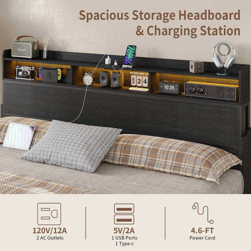 Yanosaku US-BF015 Full/Queen/King Bed Frame with 2 Hidden Nightstands, 4 Drawers, RGB Lights & USB Charging, No Box Spring,Black.