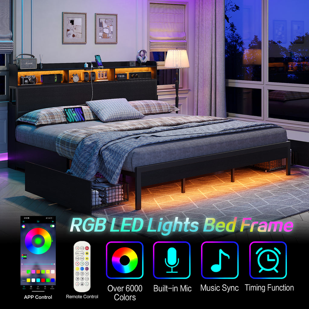 Yanosaku US-BF015 Full/Queen/King Bed Frame with 2 Hidden Nightstands, 4 Drawers, RGB Lights & USB Charging, No Box Spring,Black.