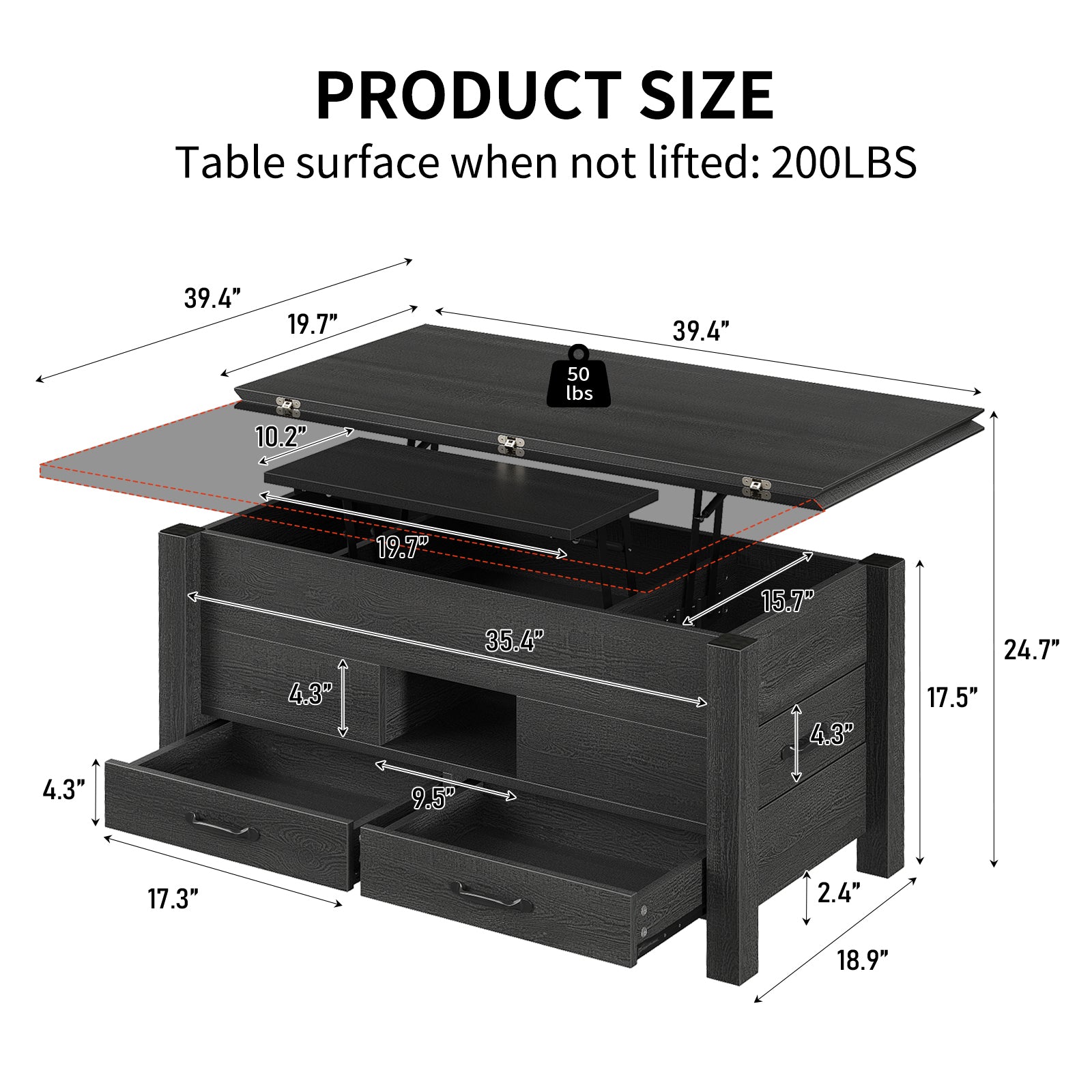 Lift Top Coffee Table, 39.4" Multi-Function Convertible Coffee Table with 4 Storage Drawers & Hidden Compartment- Vektaya