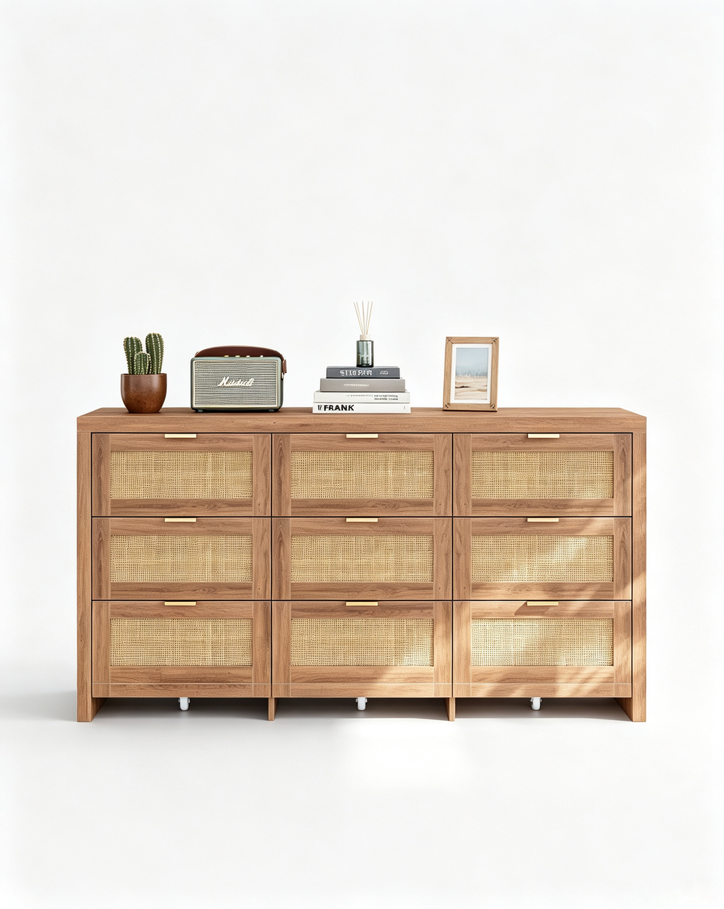 9 Drawers Dresser for Bedroom, 57” Rattan Dresser with Ample Storage,