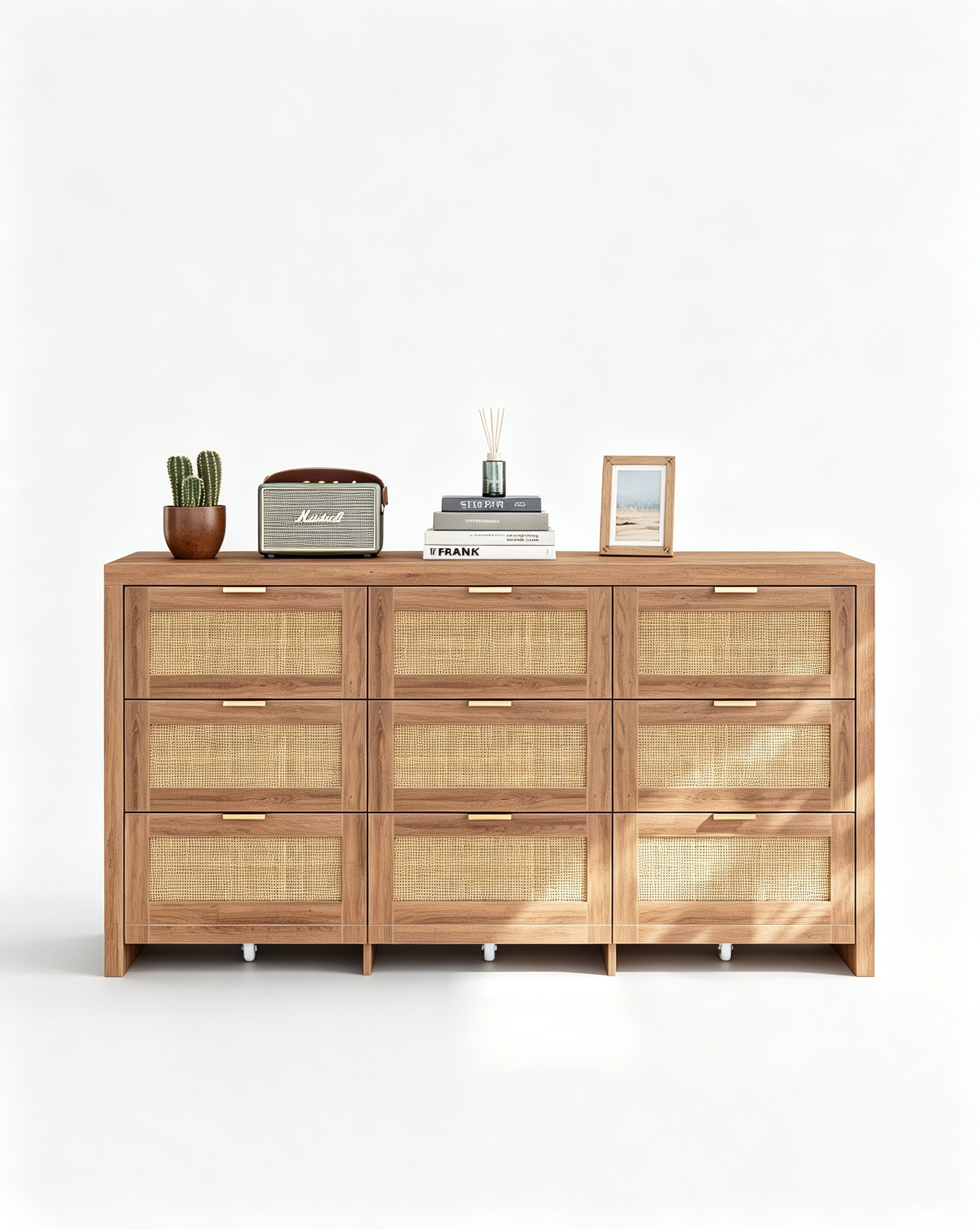 9 Drawers Dresser for Bedroom, 57” Rattan Dresser with Ample Storage,