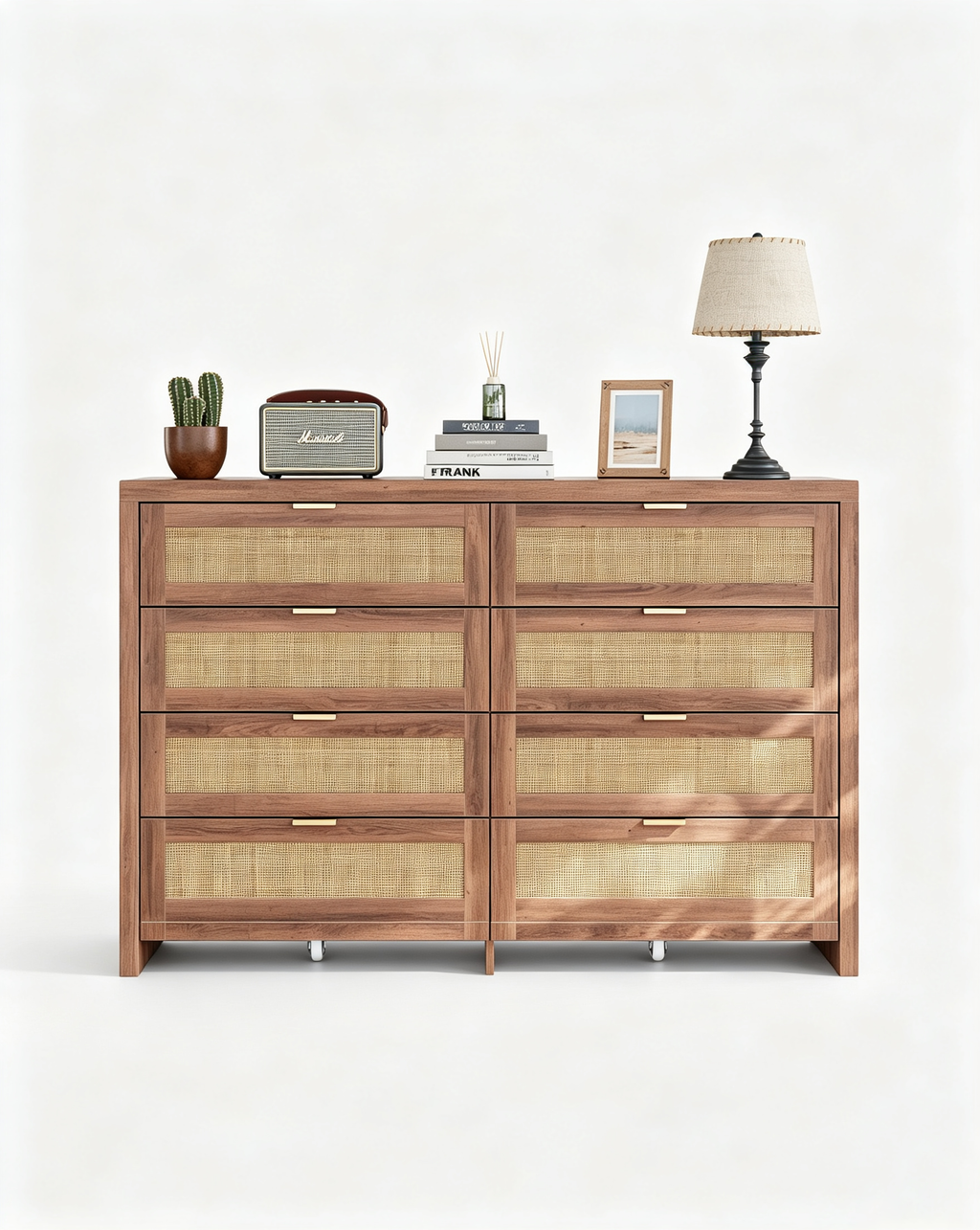 8 Large Drawers Dresser, 55” Rattan Dresser with Ample Storage- Vektaya