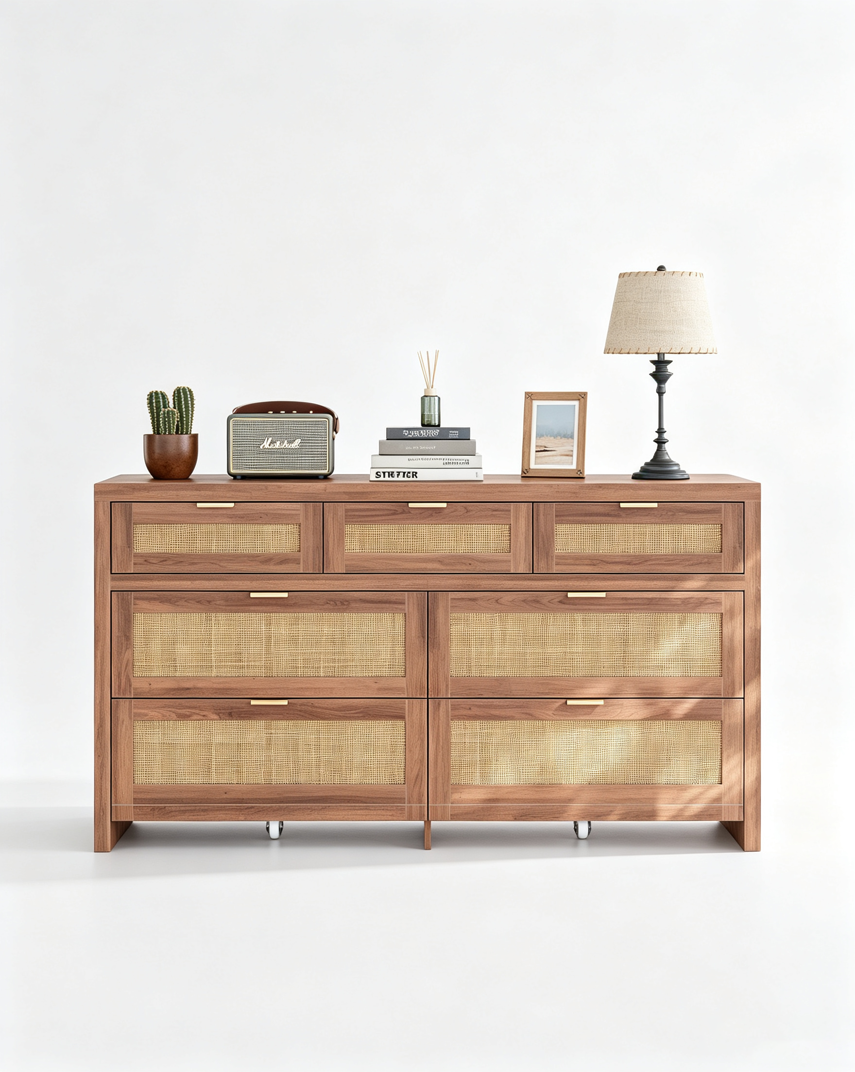 7 Drawers Dresser for Bedroom, 57” Rattan Dresser with Ample Storage- Vektaya