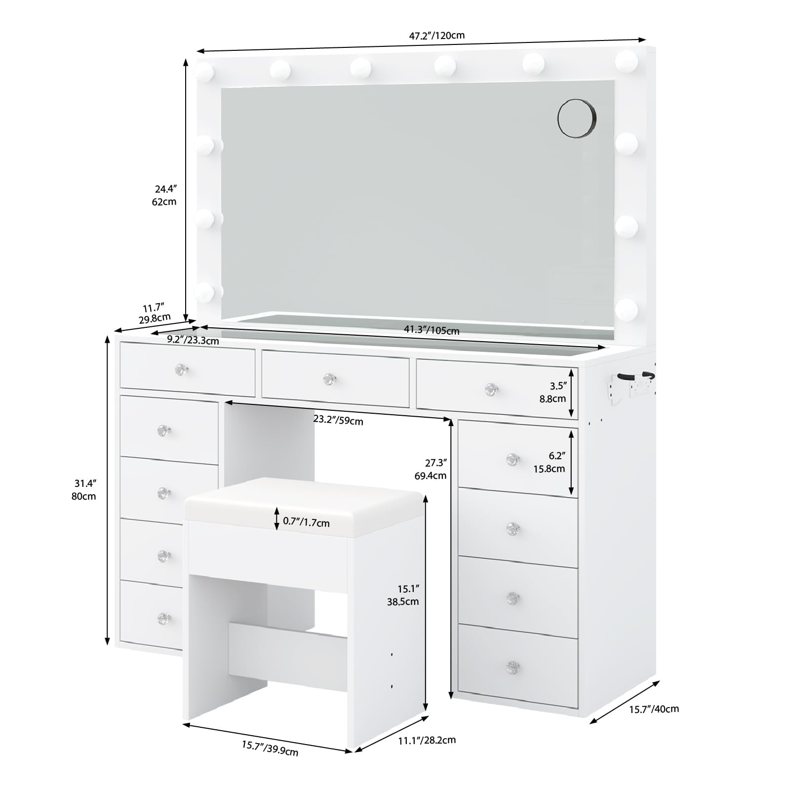 Yanosaku Modern White Makeup Vanity Set Table with Stool & LED Mirror 11 Drawers Luxury - Yanosaku SotreFurnitureVD003 - WH