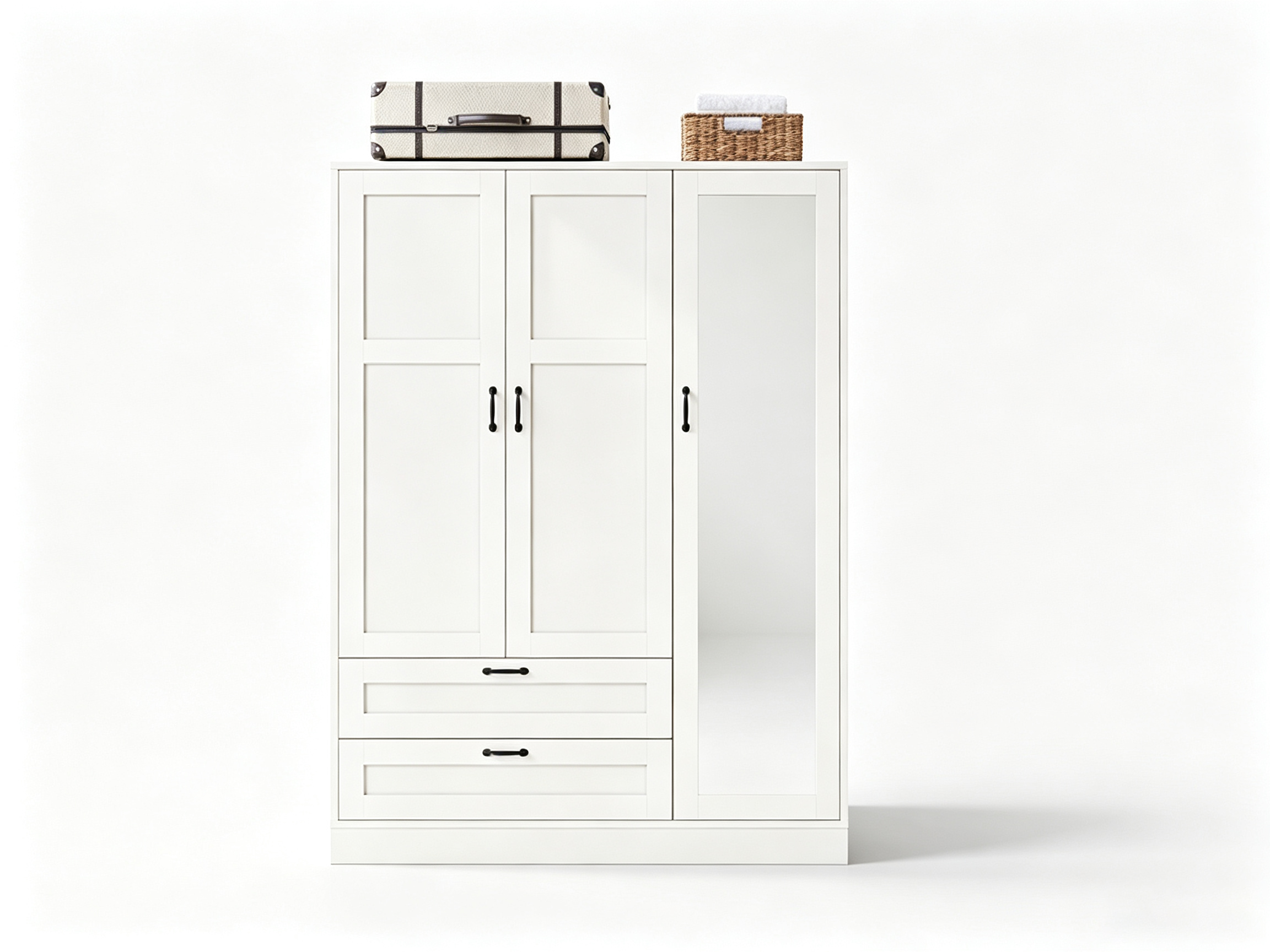 5-in-1 Armoire Wardrobe Closet with Full Length Acrylic Mirror & 2 Drawers, White - Vektaya
