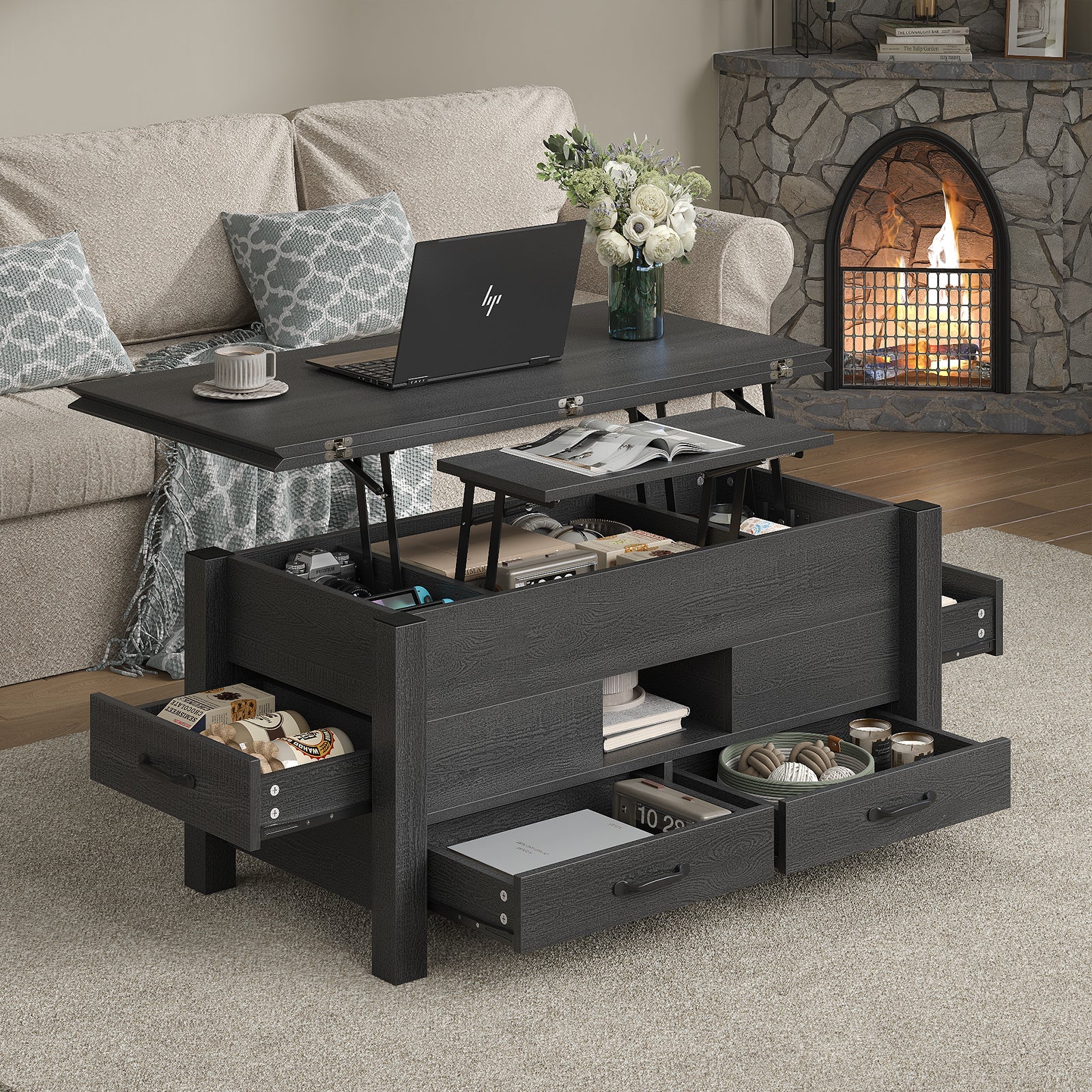 Lift Top Coffee Table, 39.4" Multi-Function Convertible Coffee Table with 4 Storage Drawers & Hidden Compartment- Vektaya - VektayaDeskCT003
