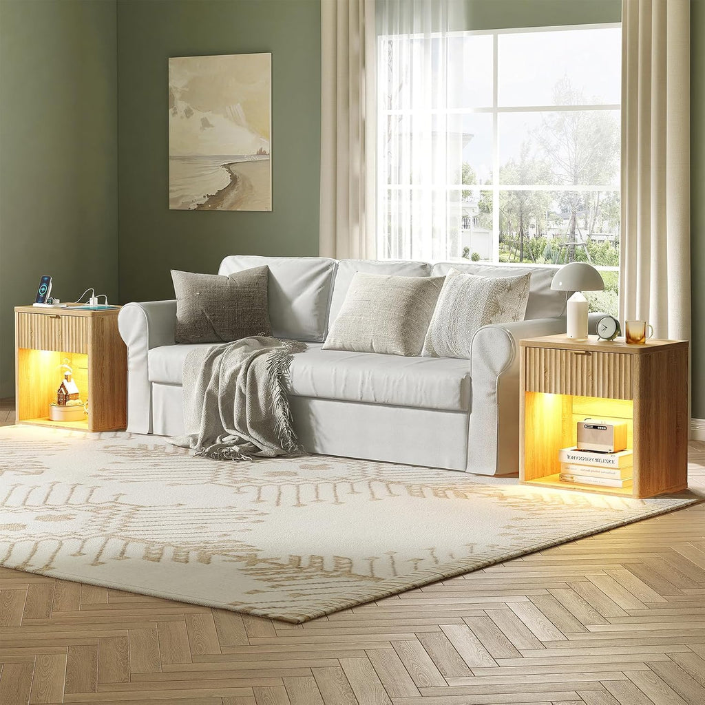 Night Stand with Drawer Storage Bed Side Table End Table Large Modern Wood Wide Bedside Stand - Yanosaku SotreFurniture