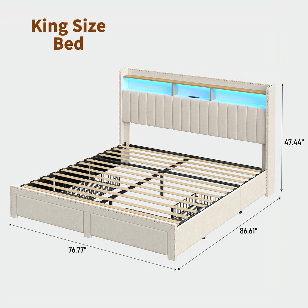 Queen/King LED Bed Frame with Charging Upholst Bed Frame 4 Drawers Storage White - YanosakuFurnitureBF008-WH-Q
