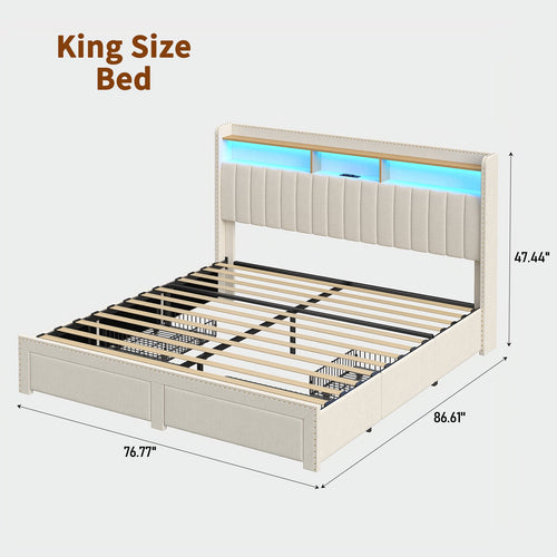 Queen/King LED Bed Frame with Charging Upholst Bed Frame 4 Drawers Storage White - YanosakuFurnitureBF008-WH-Q