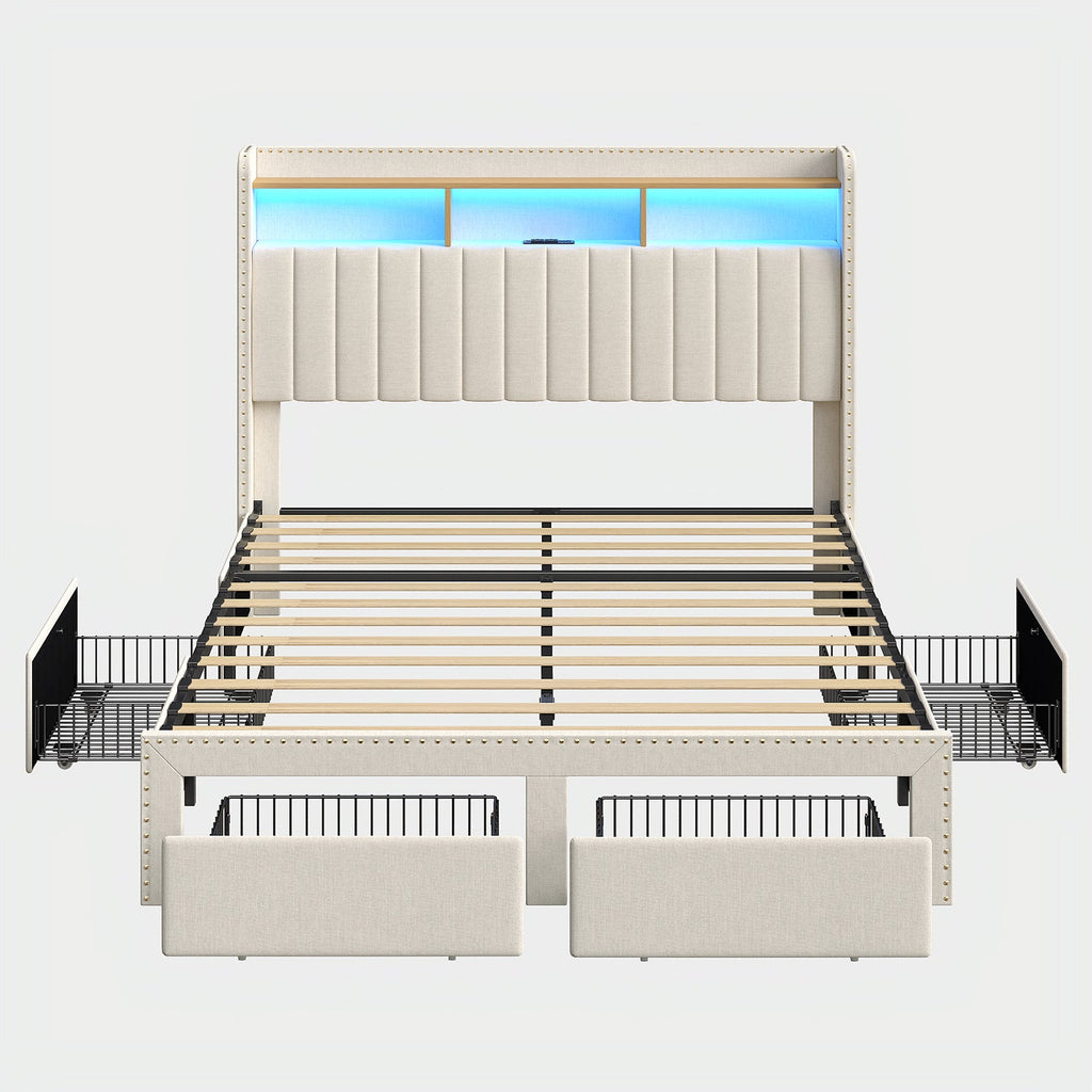 Queen/King LED Bed Frame with Charging Upholst Bed Frame 4 Drawers Storage White - YanosakuFurnitureBF008-WH-K