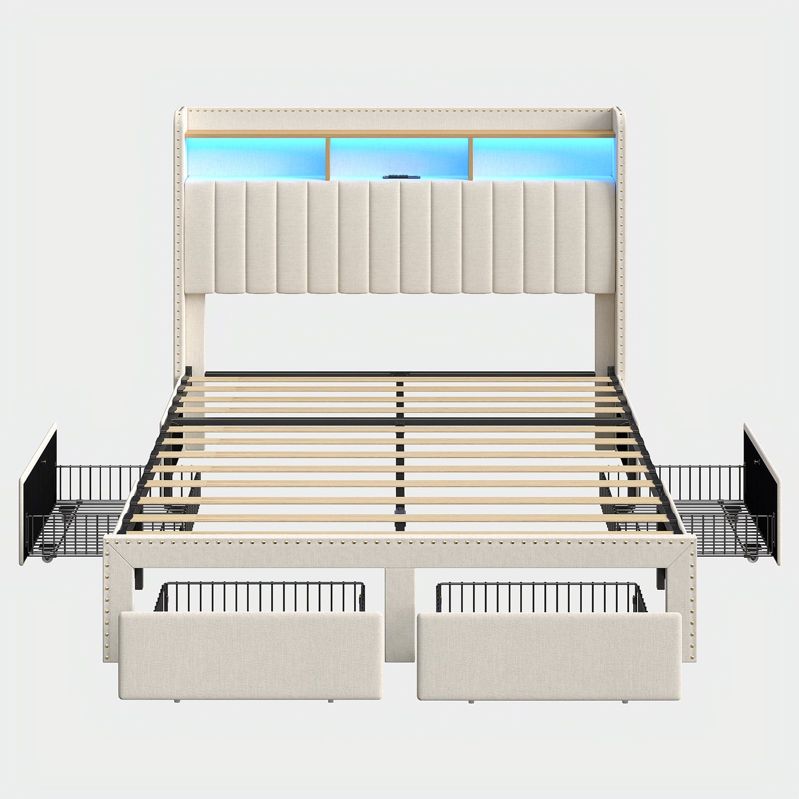 Queen/King LED Bed Frame with Charging Upholst Bed Frame 4 Drawers Storage White - YanosakuFurnitureBF008-WH-K