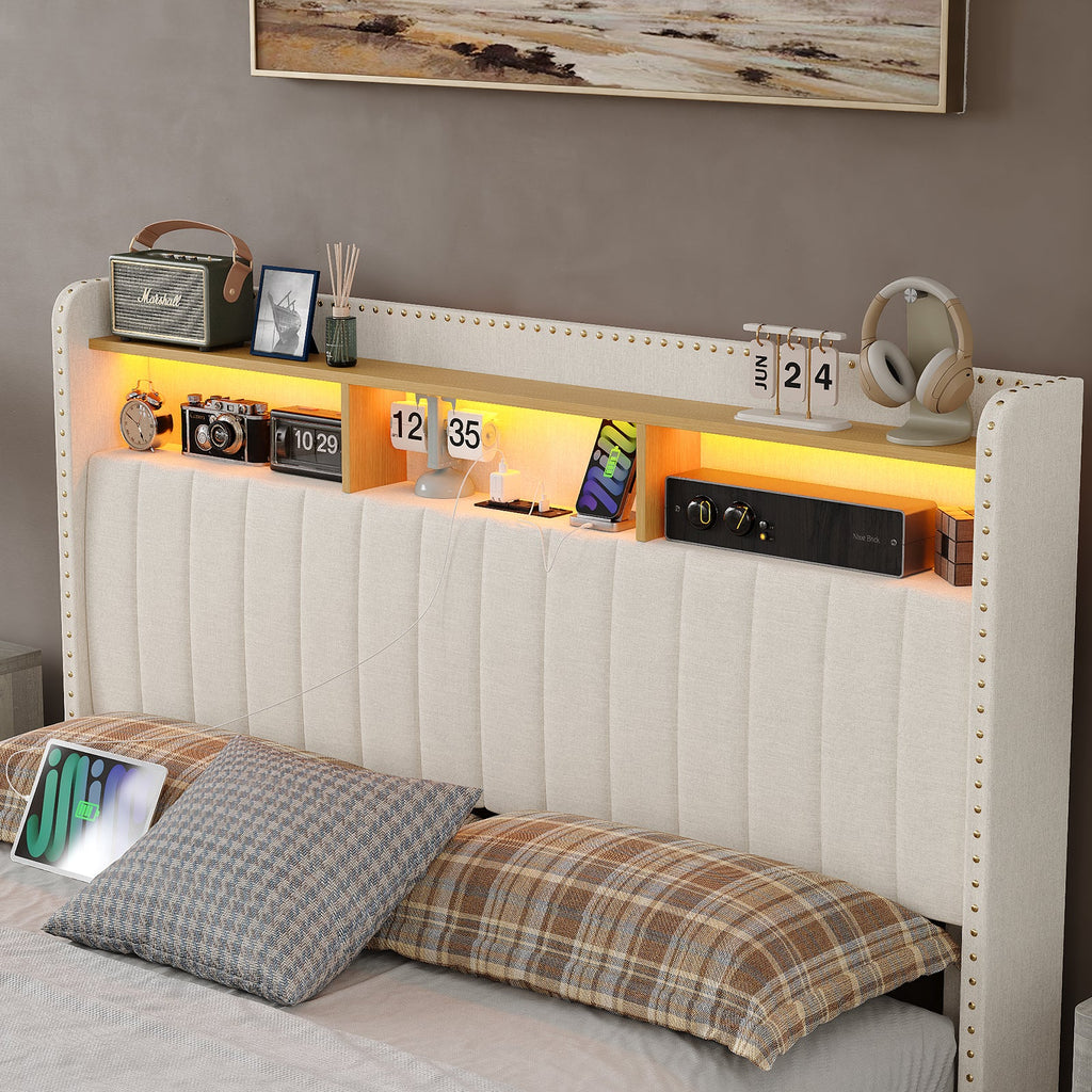 Queen/King LED Bed Frame with Charging Upholst Bed Frame 4 Drawers Storage White - YanosakuFurnitureBF008-WH-K