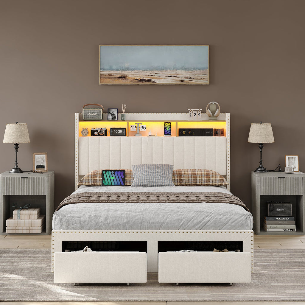 Queen/King LED Bed Frame with Charging Upholst Bed Frame 4 Drawers Storage White - YanosakuFurnitureBF008-WH-Q