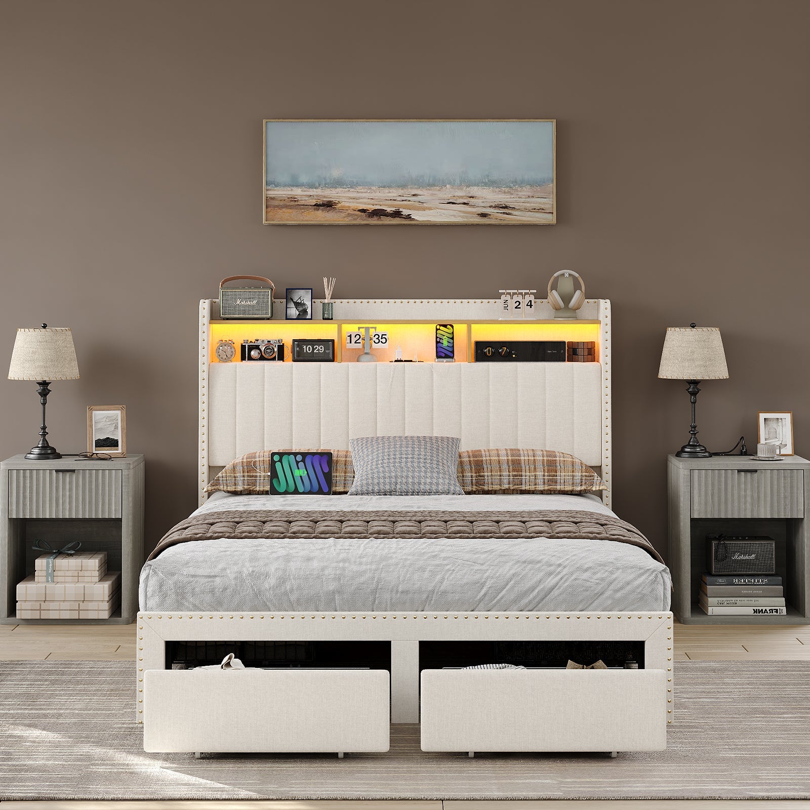 Queen/King LED Bed Frame with Charging Upholst Bed Frame 4 Drawers Storage White - YanosakuFurnitureBF008-WH-Q