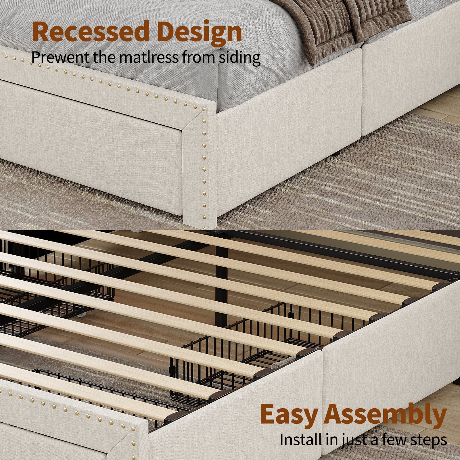 Queen/King LED Bed Frame with Charging Upholst Bed Frame 4 Drawers Storage White - YanosakuFurnitureBF008-WH-K