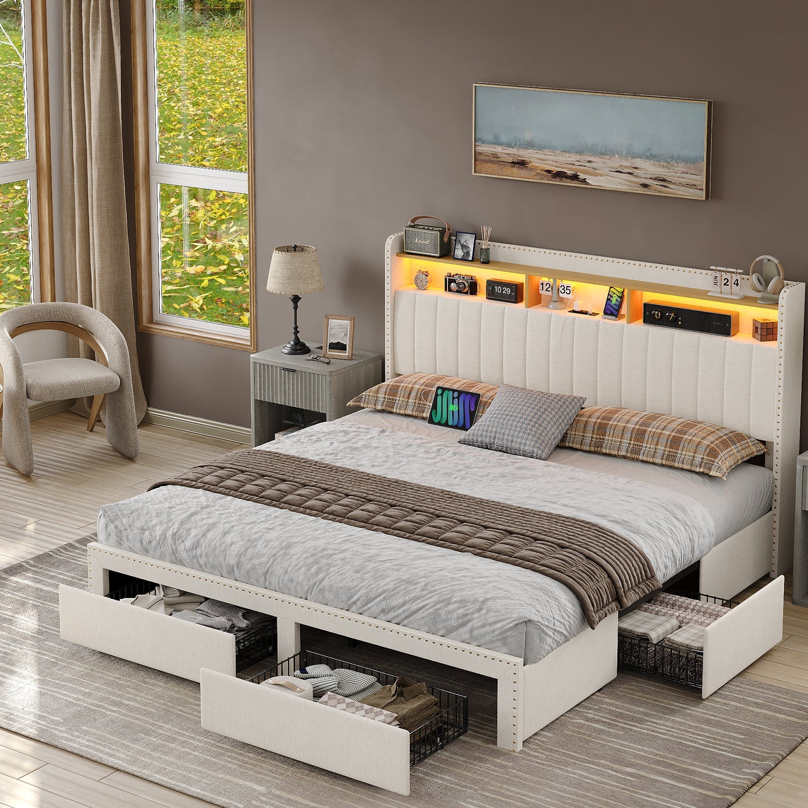 Queen/King LED Bed Frame with Charging Upholst Bed Frame 4 Drawers Storage White - YanosakuFurnitureBF008-WH-K