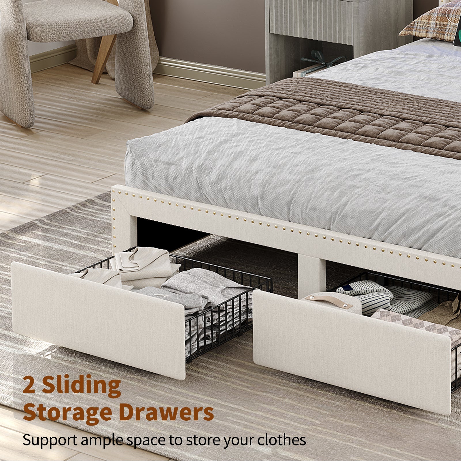 Queen/King LED Bed Frame with Charging Upholst Bed Frame 4 Drawers Storage White - YanosakuFurnitureBF008-WH-K