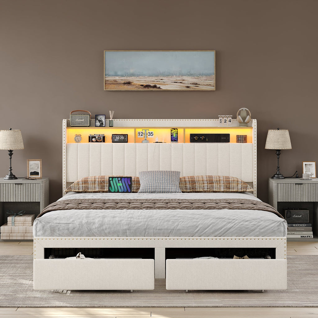Queen/King LED Bed Frame with Charging Upholst Bed Frame 4 Drawers Storage White - YanosakuFurnitureBF008-WH-K