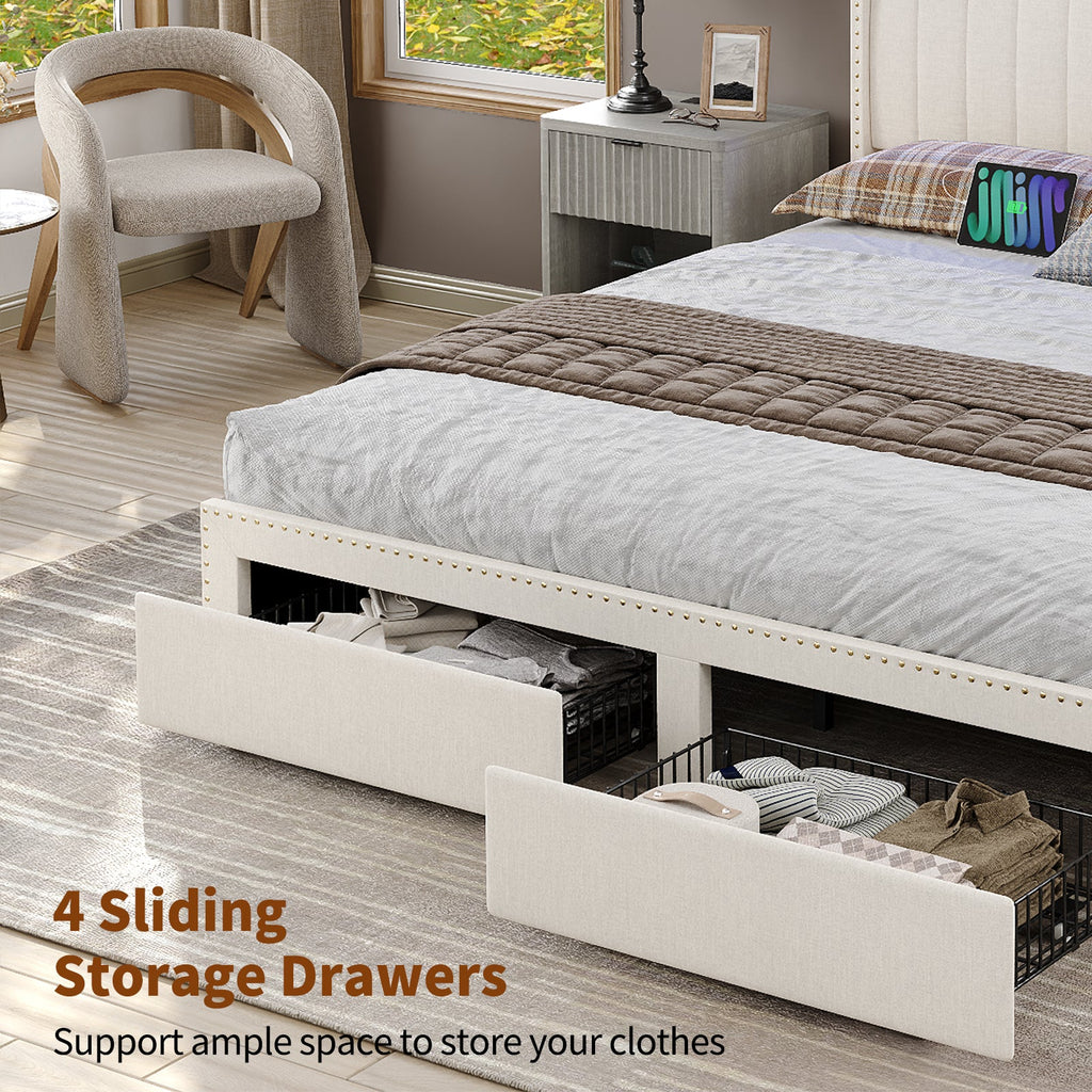 Queen/King LED Bed Frame with Charging Upholst Bed Frame 4 Drawers Storage White - YanosakuFurnitureBF008-WH-K