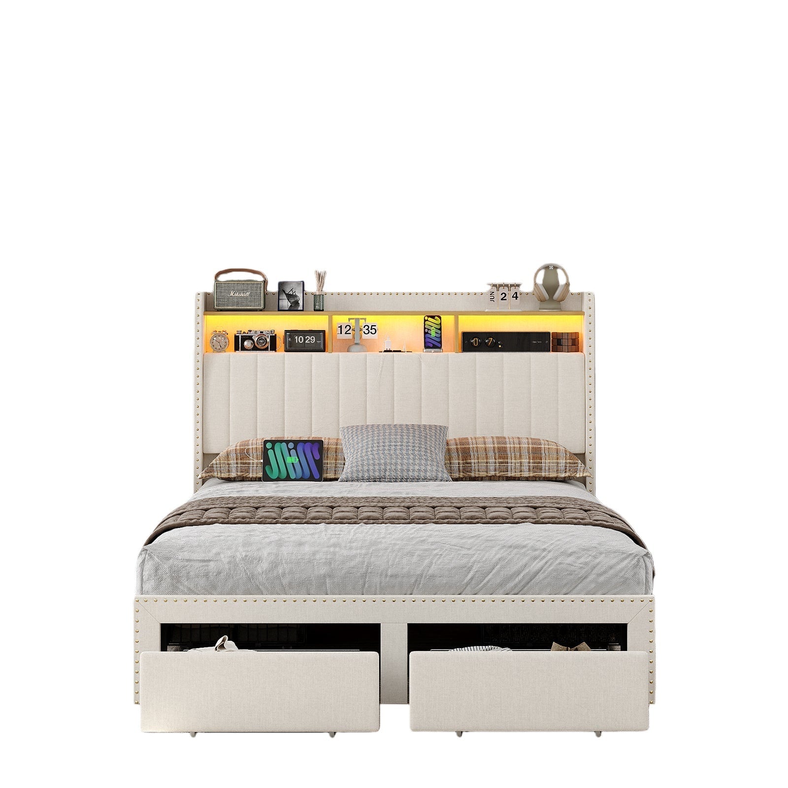 Queen LED Bed Frame with LED, USB Charging, Storage Drawers White