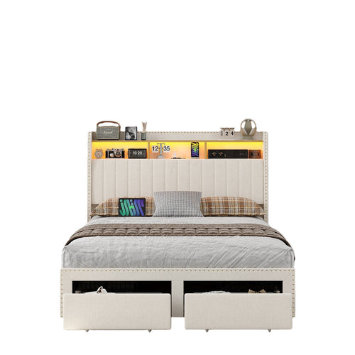 Queen LED Bed Frame with LED, USB Charging, Storage Drawers White