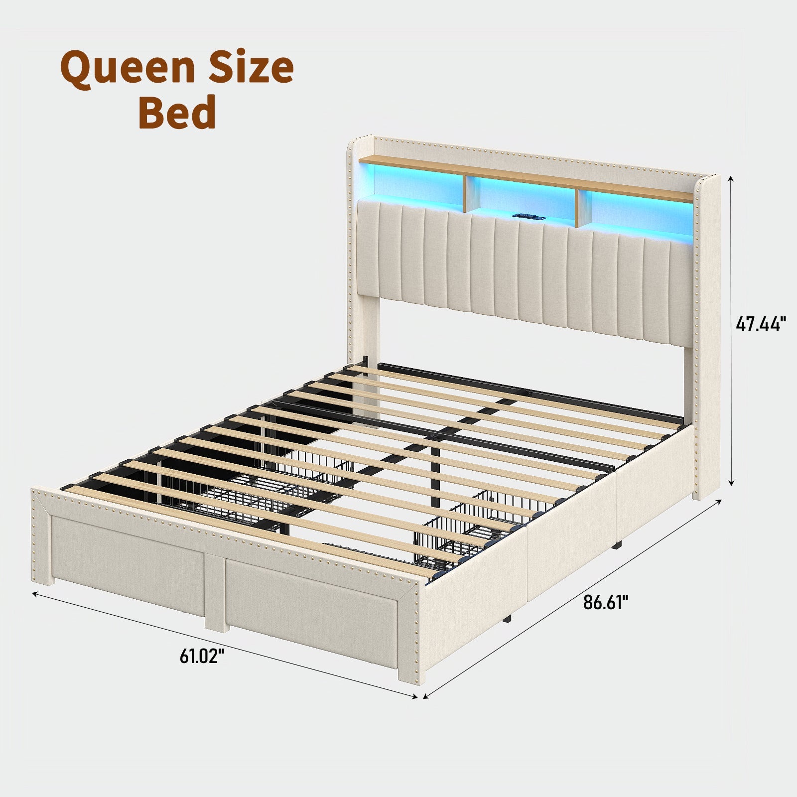 Queen LED Bed Frame with LED, USB Charging, Storage Drawers White