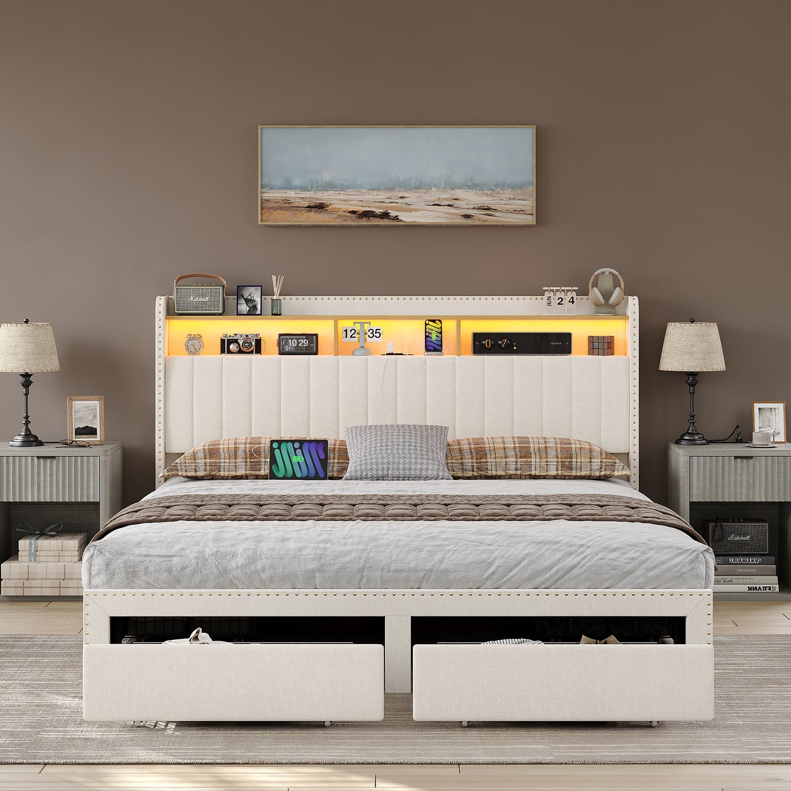 Queen LED Bed Frame with LED, USB Charging, Storage Drawers White
