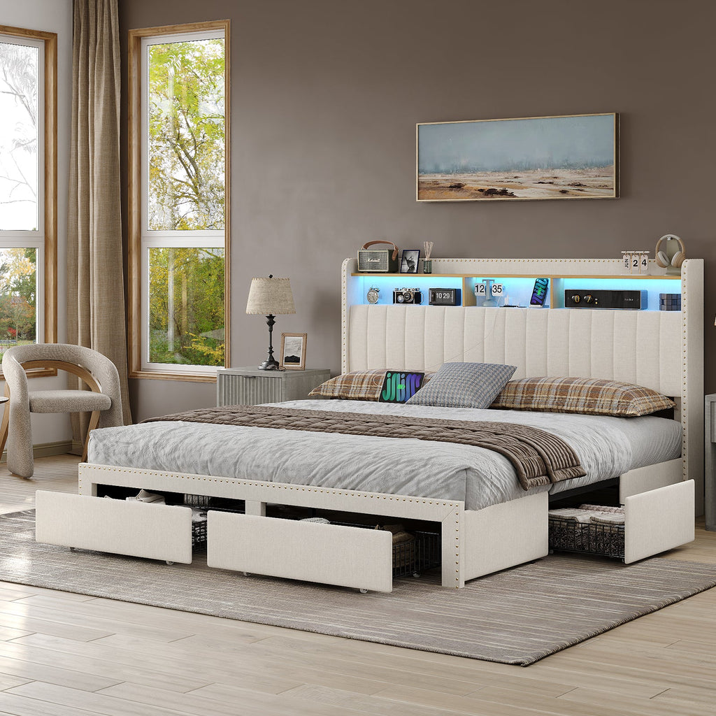 Queen LED Bed Frame with LED, USB Charging, Storage Drawers White