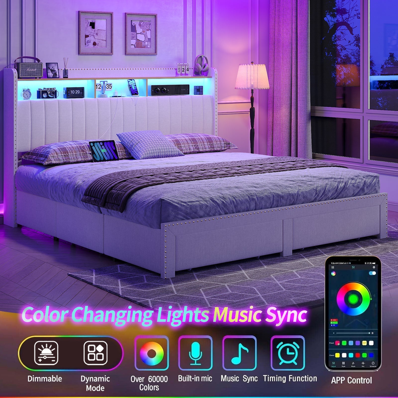 Queen LED Bed Frame with LED, USB Charging, Storage Drawers White