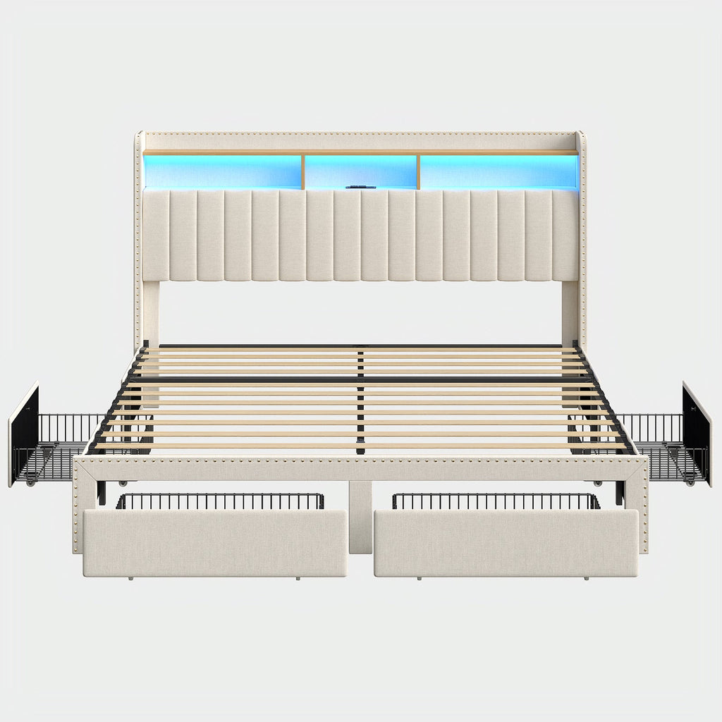Queen LED Bed Frame with LED, USB Charging, Storage Drawers White